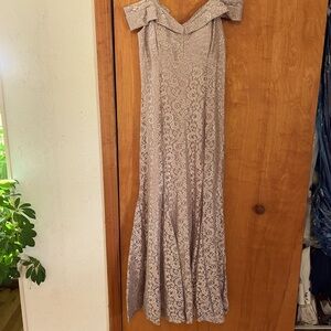 MOB champagne colored off shoulder gown